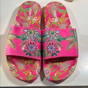 Johnny Was Hot Pink Embroidered Floral Slide Sandals